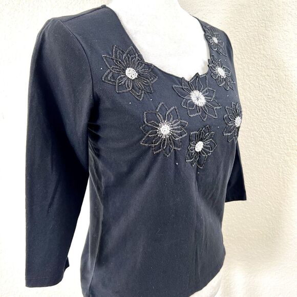 Talbots Top Womens Small Petite Black Beaded Neck 3/4 Sleeve Round Neck Casual - Picture 7 of 9